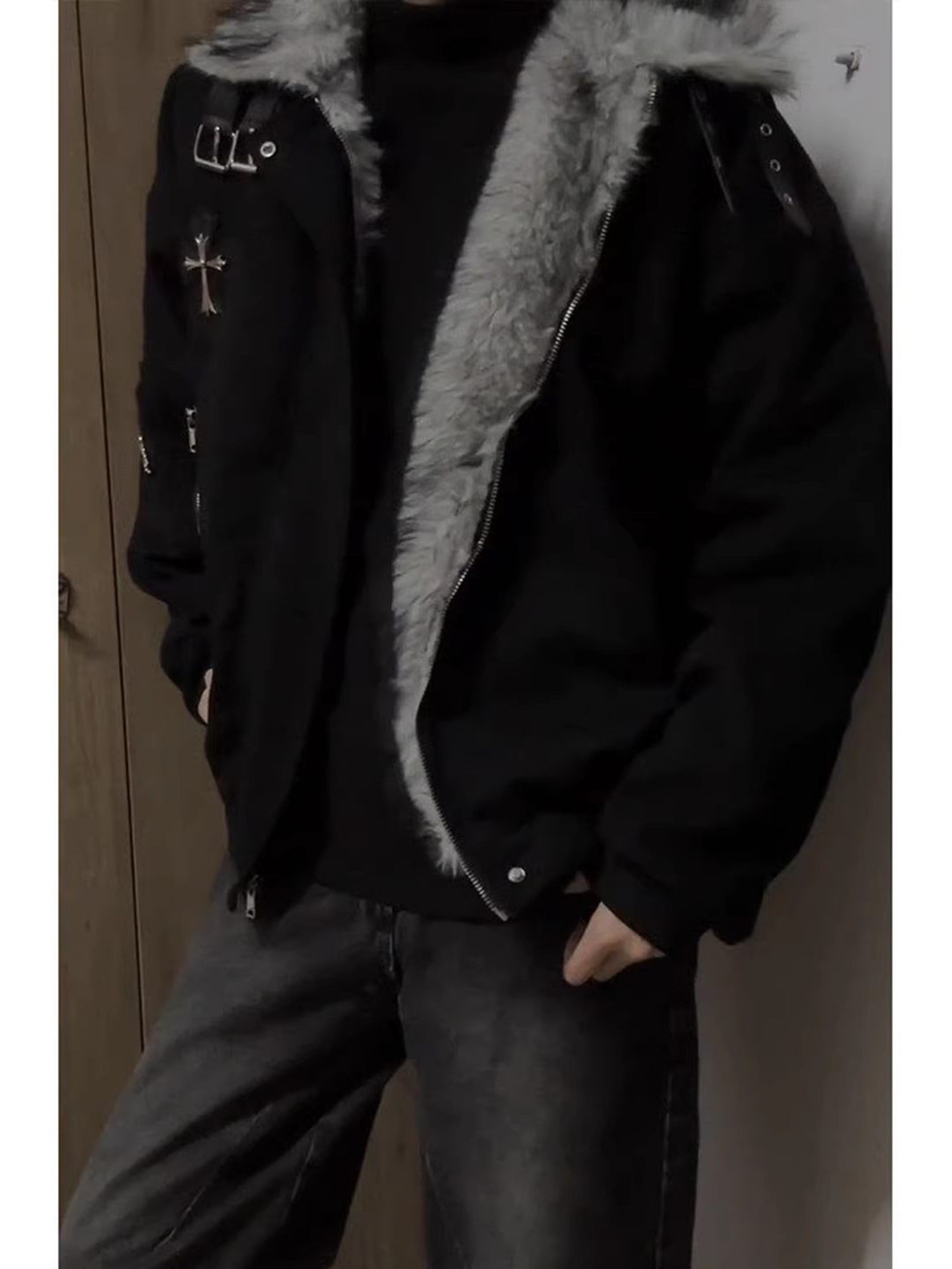 American Retro Style Mountain Carving Cotton Jacket for Men, Winter Cross Fur Collar Work Jacket, Thickened and Warm Cotton Coat