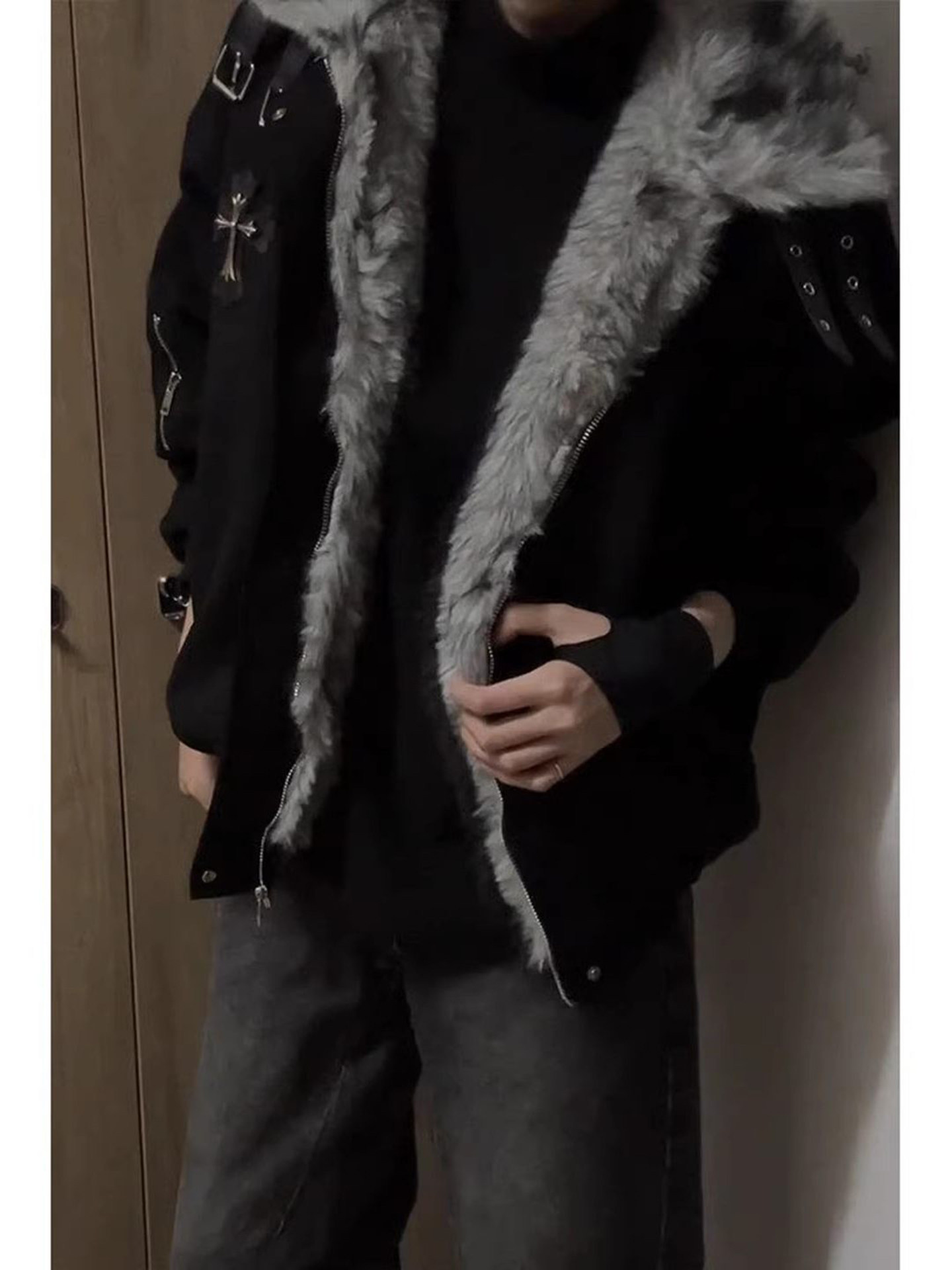 American Retro Style Mountain Carving Cotton Jacket for Men, Winter Cross Fur Collar Work Jacket, Thickened and Warm Cotton Coat