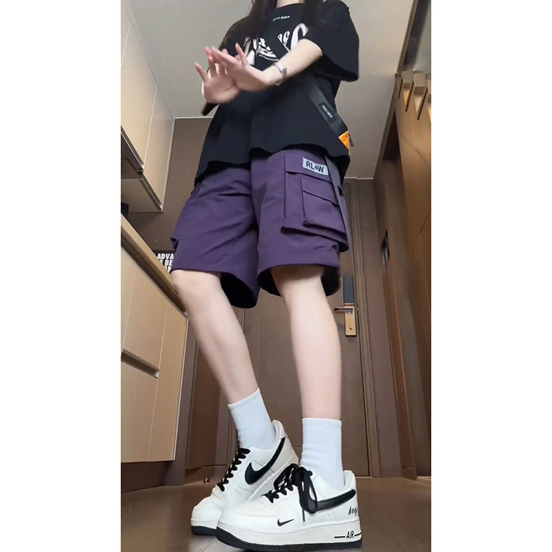 American-Style Functional Work Shorts for Men, Summer Ice Silk Plum Purple Pants, High-Waisted, Large Pockets, Five-Point Tactical Shorts