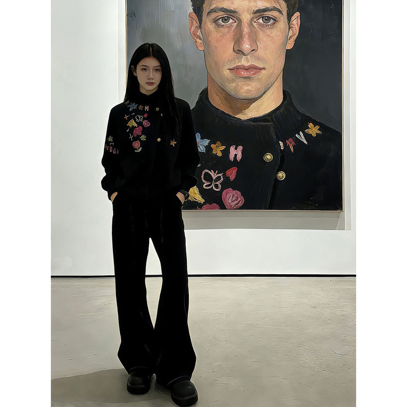 Graffiti Print Black Sweater for Men, Winter Wear, Stylish Design, Slanted Collar, Button-Up Knit Top, Two-Piece Set