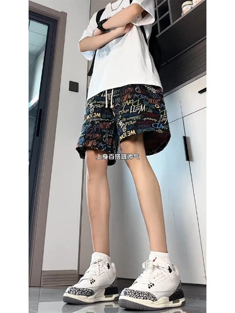 American Graffiti All-Over Printed Shorts Men's Summer Hawaiian Cleanfit Quick-Drying Pants Straight Loose Five-Quarter Pants