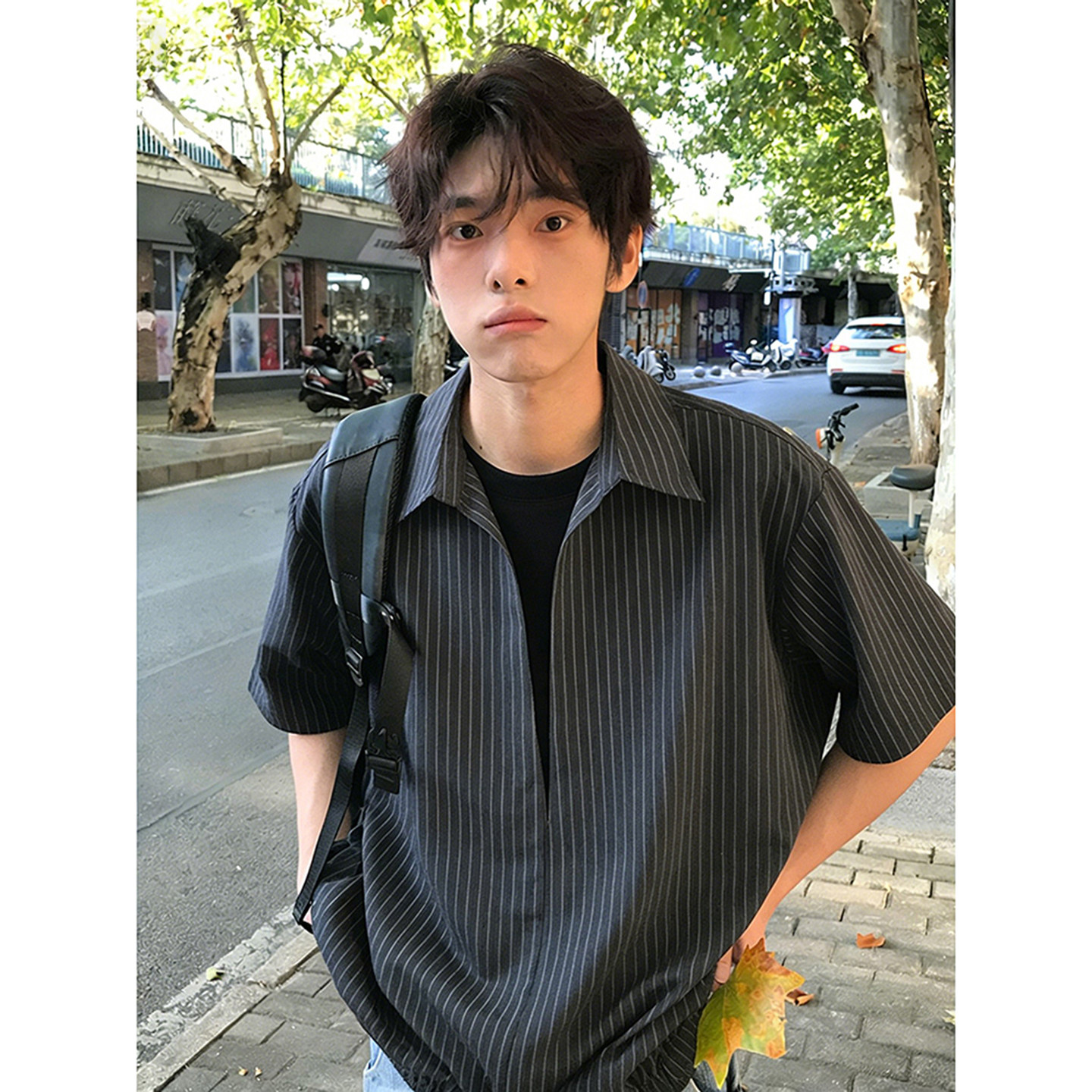 假两件竖条纹短袖衬衫男生韩系穿搭拼接翻领t恤衬衣情侣半袖外套