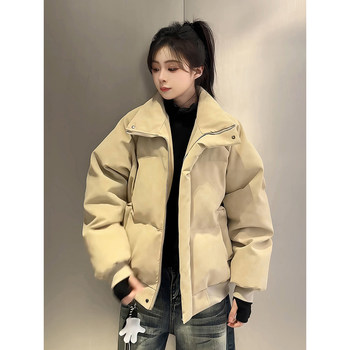 American-Style Short Three-Proof down Cotton Jacket for Men, Winter Thickened Warm Canvas Leather Jacket with a High-End Feel, Stand-Up Collar Puffer Jacket