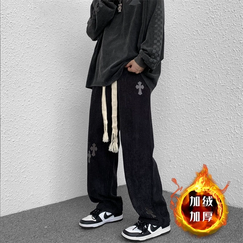 Вельветовые брендовые штаны, флисовые длинные повседневные брюки для отдыха, свободный прямой крой