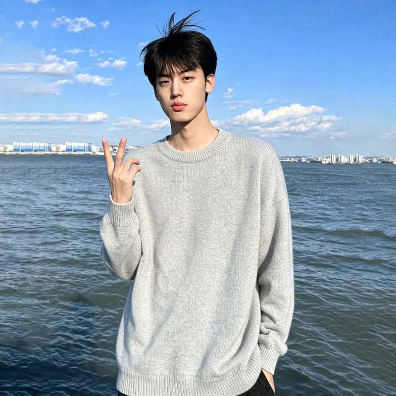 Cleanfit Light Gray Sweater for Men, Autumn and Winter, Lazy Style with a High-End Feel, Knitted Base Layer, Round Neck Inner Top