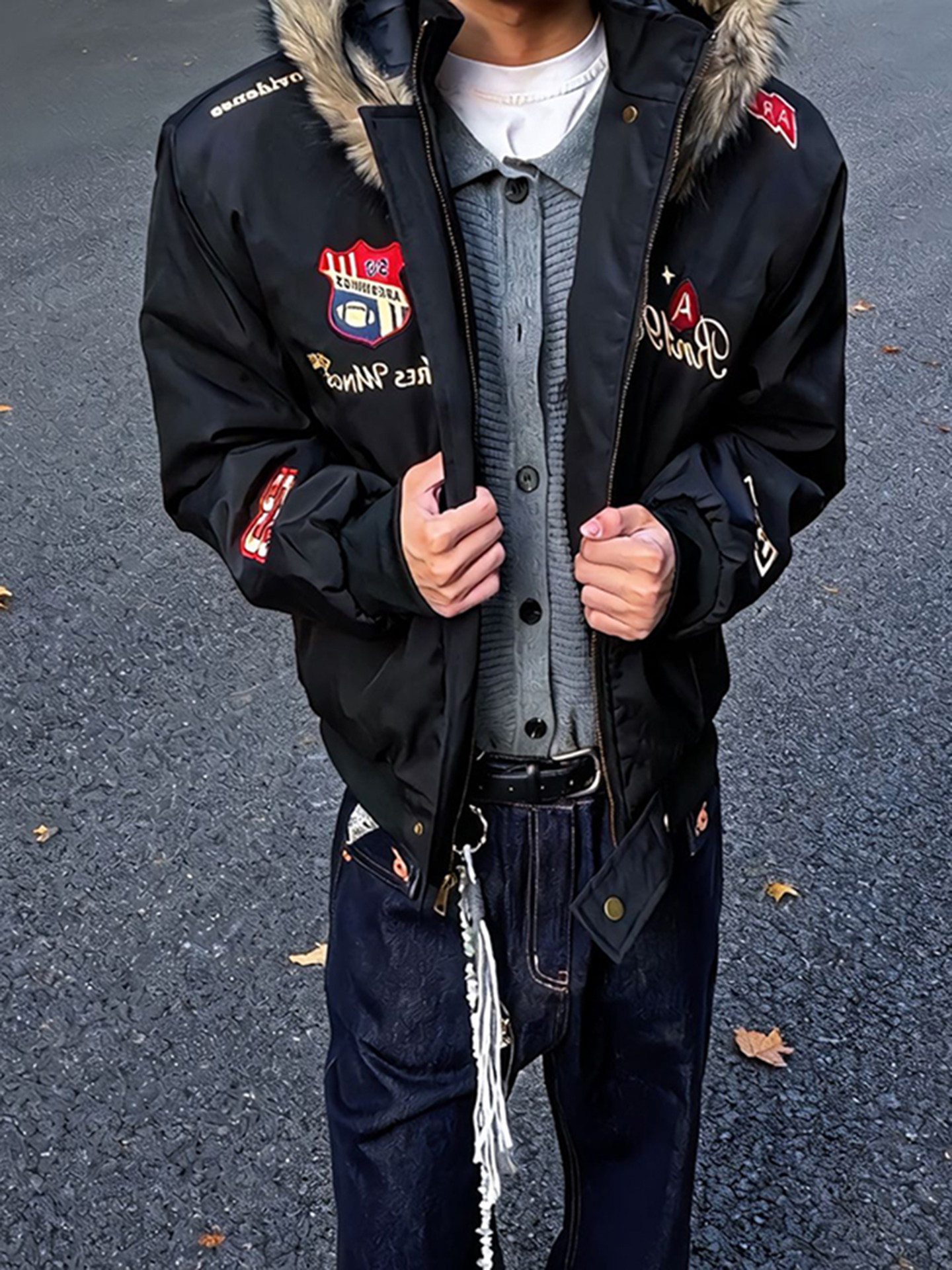 Navy Blue American-Style down Parka Cotton Jacket for Men, Cool and Stylish Outfit Set, Winter Embroidered Fur Collar Coat, Puffer Jacket