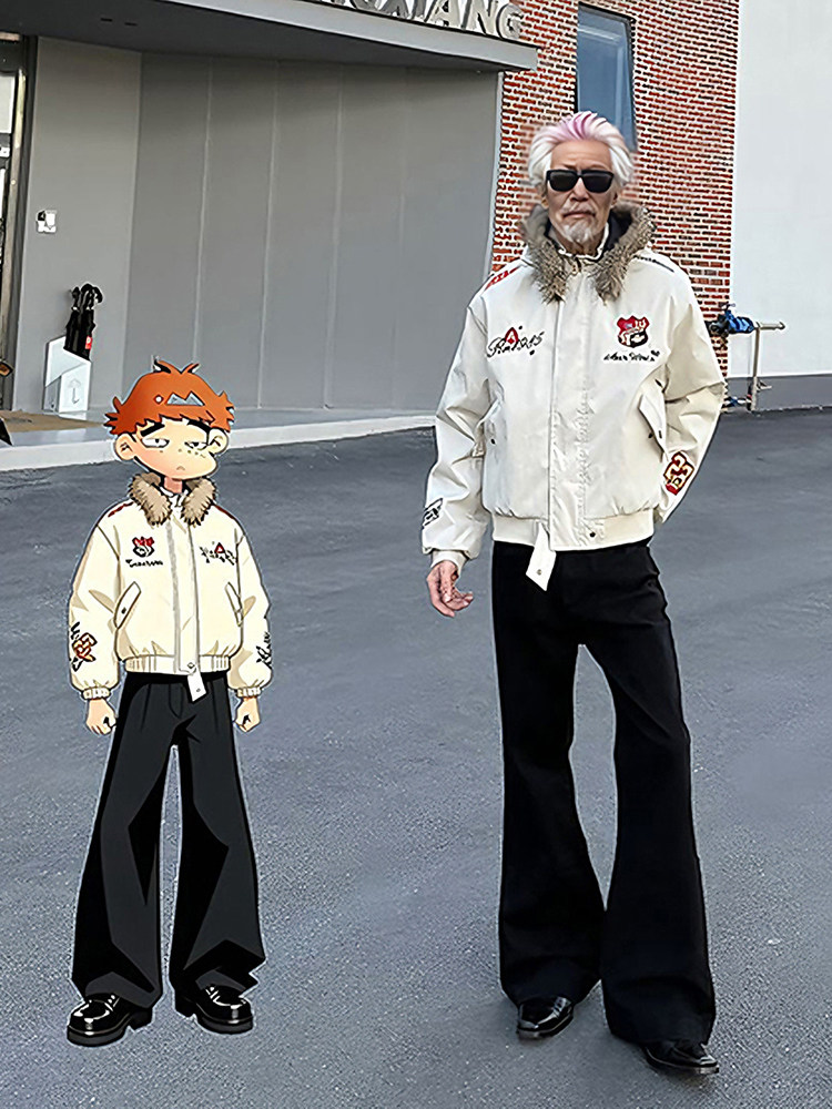 Navy Blue Workwear-Style down Parka for Men, Winter Thickened Short Embroidered Fur Collar Jacket, High Street American Style Puffer Coat