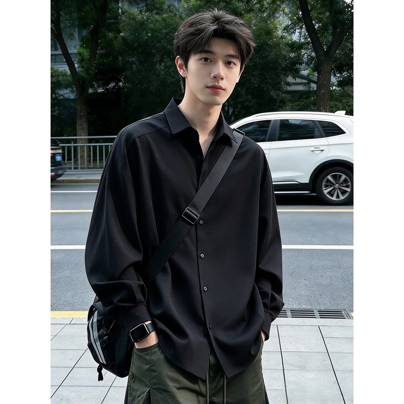 Naples Black Long-Sleeved Shirt for Men, Autumn Style, Casual Wear, Regular Shoulder Jacket, Suit Inner Layer, Cool Shirt