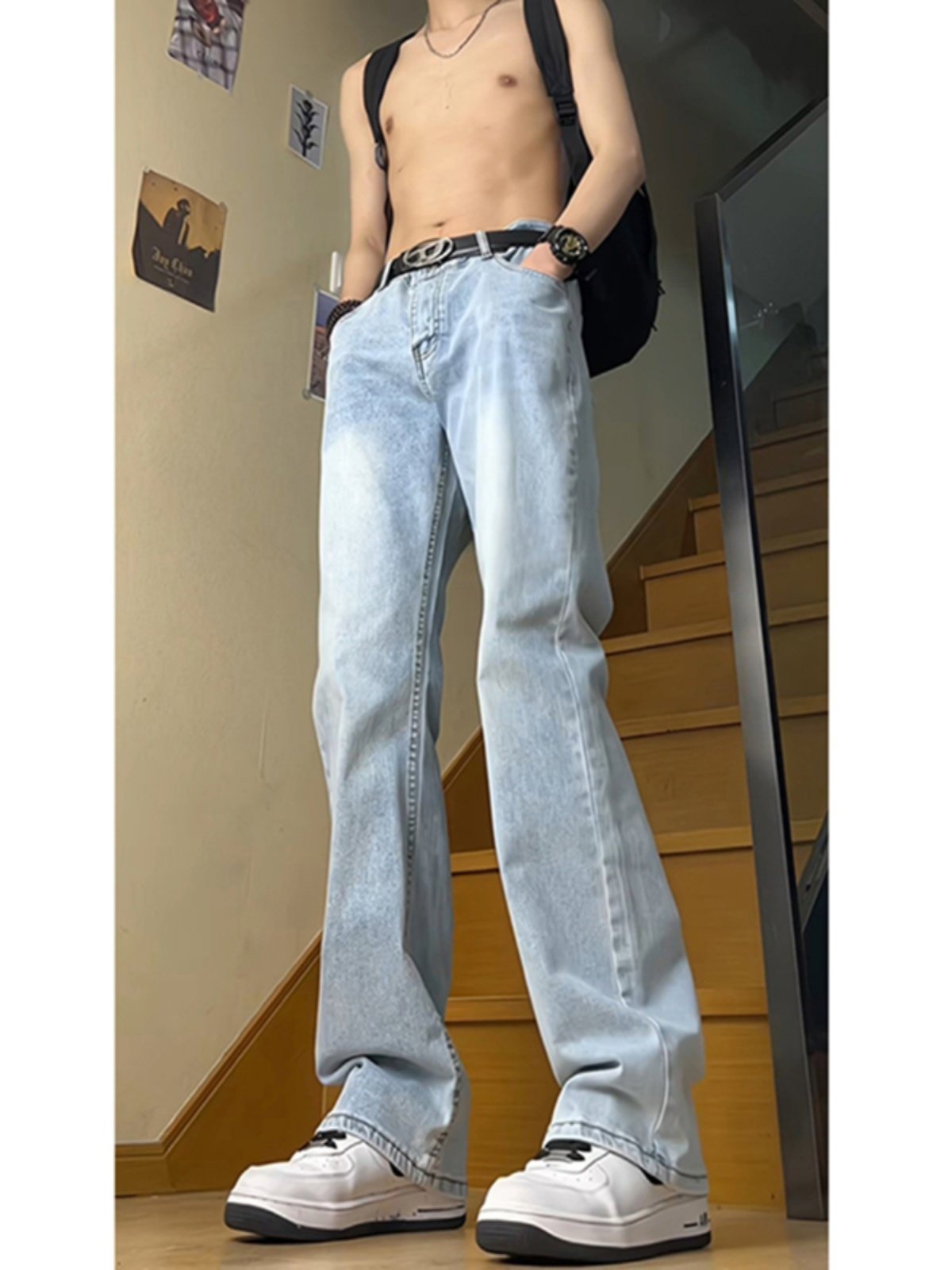 Summer Ice Blue Jeans for Men, Thin American High Street Vibe Pants, Trendy Straight-Leg Slimming Flared Trousers