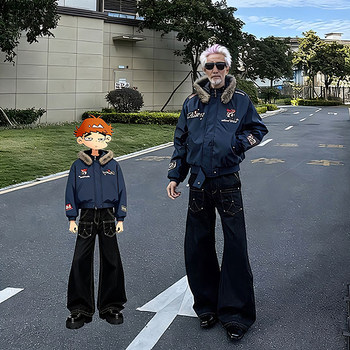 Navy Blue Workwear-Style down Parka for Men, Winter Thickened Short Embroidered Fur Collar Jacket, High Street American Style Puffer Coat