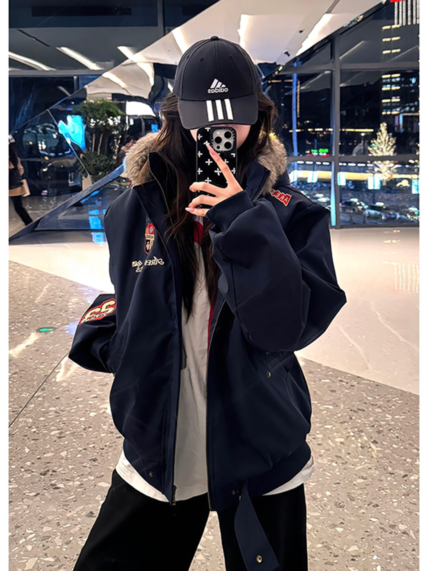 Navy Blue American-Style down Parka Cotton Jacket for Men, Cool and Stylish Outfit Set, Winter Embroidered Fur Collar Coat, Puffer Jacket