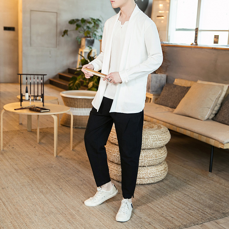 Han quần áo của nam giới áo gió cổ gió Trung Quốc cardigan bộ bông Linean ăn mặc Zen váy gus dossrobe hai mảnh bộ thanh niên của