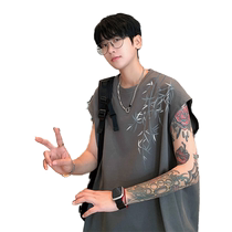 New Chinese style vest mens 2024 summer new bamboo leaf print design loose large size casual sleeveless T-shirt