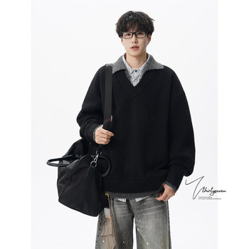 American design fake two piece patchwork lapel sweater American design fake two piece patchwork lapel sweater