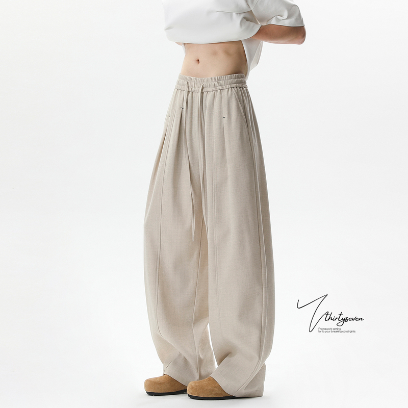 V37 Imitation Linen Deconstructed Pleated Knife-Cut Casual Pants for Men, Summer Japanese Style Urban Relaxed Commuting Wide-Leg Trousers