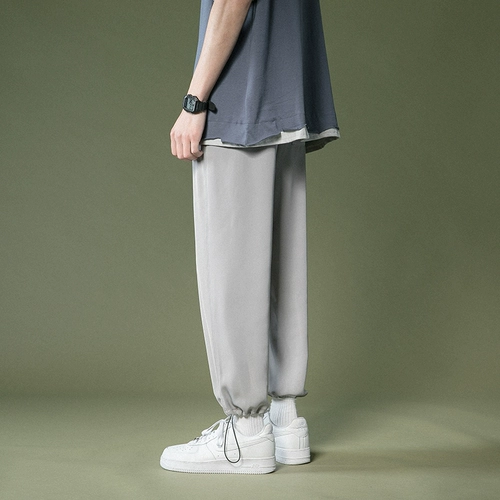 Мужские трендовые штаны, шелковая летняя одежда, коллекция 2021, оверсайз, в корейском стиле, на шнурках