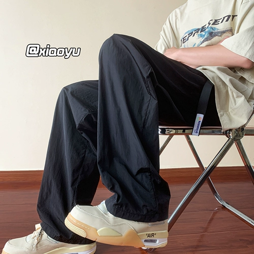 Черные водонепроницаемые быстросохнущие шелковые осенние трендовые штаны для отдыха, оверсайз, свободный прямой крой