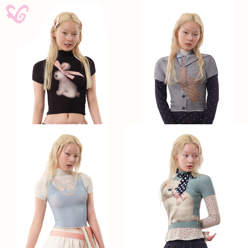 Mof Gift Shop Pleated Shirt Playful Girl Graffiti Slim Fit T-Shirt Playful Summer Colors Short Sleeve Top