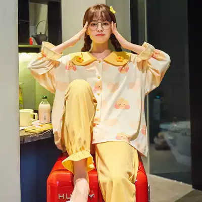 Cotton pajamas Women's Spring and Autumn long sleeves thin sweet cute two-piece set Net red models can wear home clothes