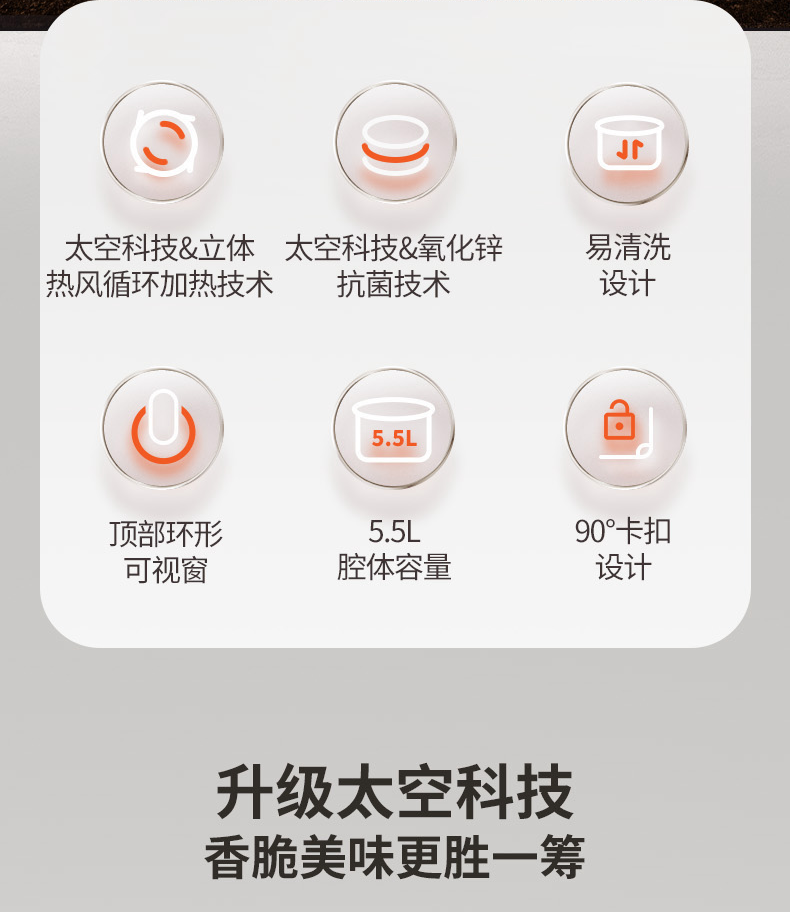 太空抗菌，不用翻面，5.5L大容量：九阳 新款无油家用太空空气炸锅VF736 499.9元包邮（京东券后579.9元） 值值值-买手聚集的地方