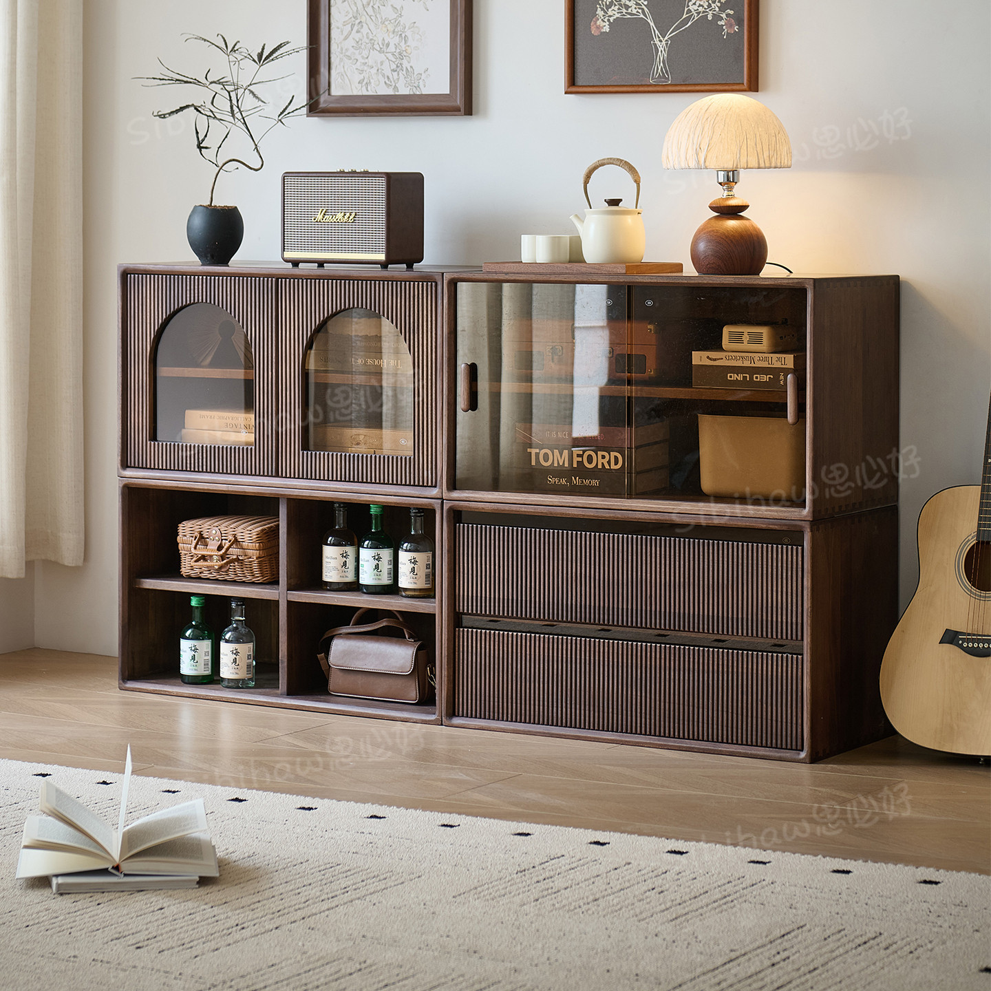 North American black walnut modular cabinet all solid wood bookcase storage display cabinet sideboard living room combination cabinet TV cabinet