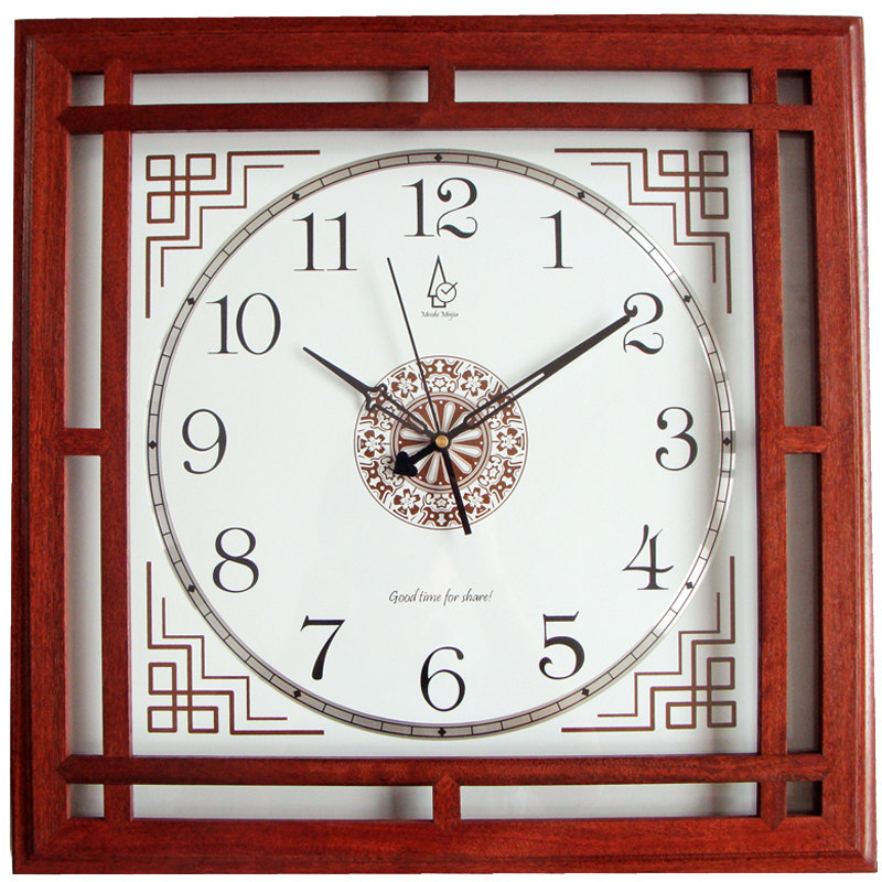 Meishi each solid wood wall clock Peach wood square mute watch New Chinese classical mahogany wind quartz clock 601-1T