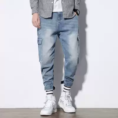 2021 Autumn New Sports nine points jeans men's loose large size casual Haren pants Korean version of trending men's pants