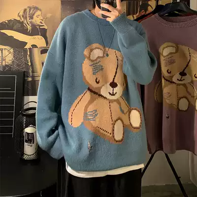 Little Bear Sweater Men's Autumn and Winter Korean Tide Brand Large Size Loose Sanitary Clothes Thick Student Couple Sports Knitted Jacket