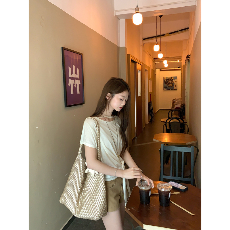 Cut-Out Cake LAOSHU Style Summer Irregular Hem Top for Petite Women, Slimming Tie-Up Elegant Short-Sleeve T-Shirt
