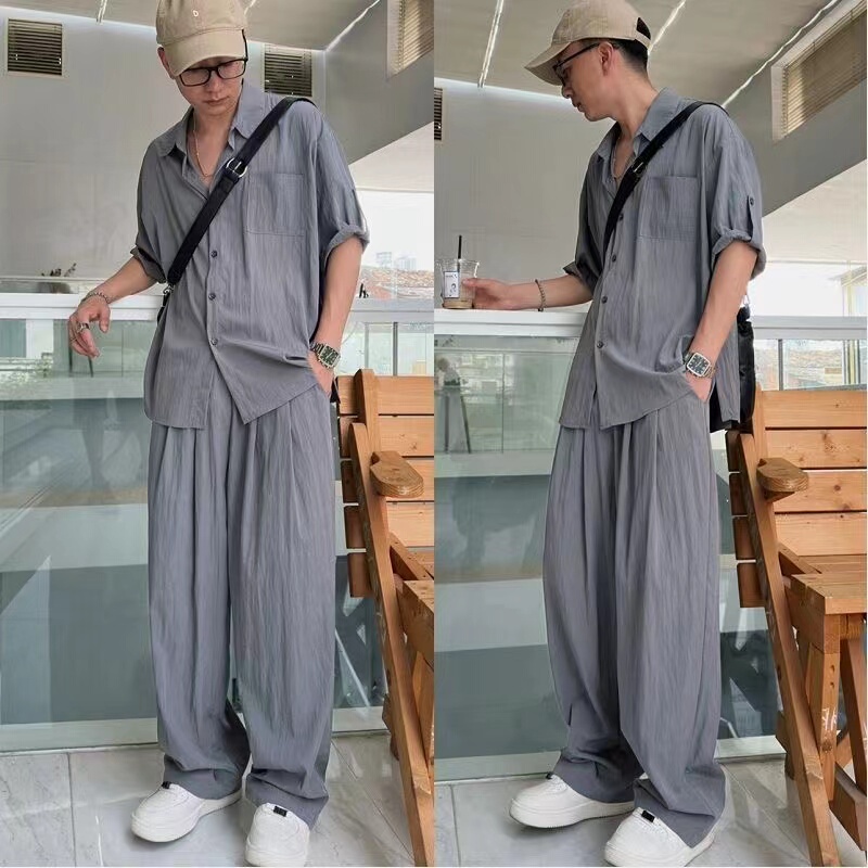 Summer Lightweight Short-Sleeved Shirt Casual Suit Men's High-End Korean Style Design Lazy Two-Piece Set with Long Pants