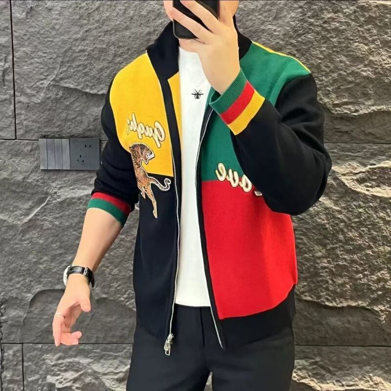 Spring and Autumn New Style Double Zipper Color-Blocking Jacket for Men, Trendy Tiger Pattern High-End Fashion Casual Jacket