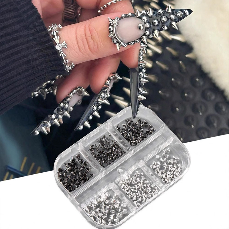 Rivet Cone-Shaped Nail Art Accessories 2025 New Black and Silver Punk Retro Flat-Bottom Pointed Nail Rhinestones 6-Grid Box Decorations
