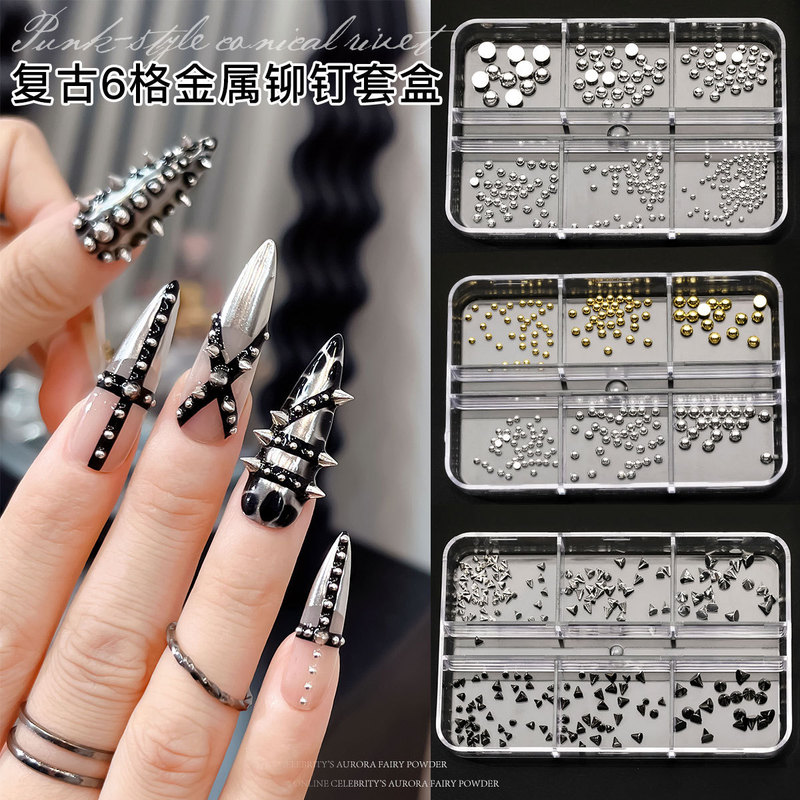 Rivet Nail Art Decorations Gold and Silver Pointed Cone Dark Punk Style Internet Celebrity Flat-Bottomed Semi-Circle Nail Rhinestones 6-Grid Box Accessories