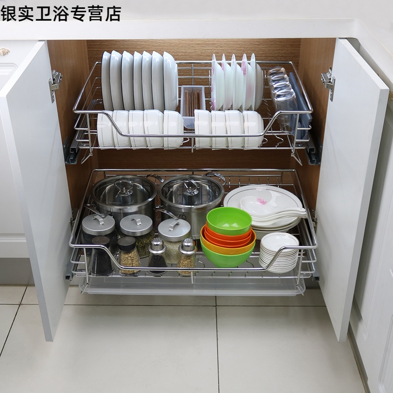 Kitchen overall cabinet built-in 304 stainless steel single-layer flat-bottomed chopsticks box dish basket damping slide rail drawer pull basket