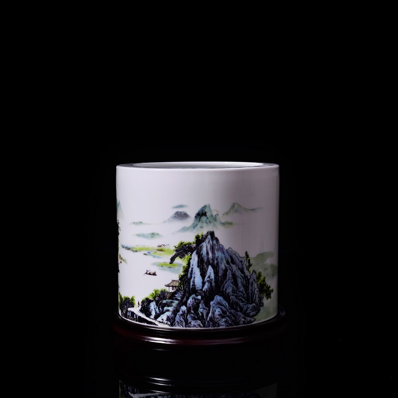 Porcelain, jingdezhen Porcelain brush pot Wang Guiying xanadu painting landscape place four treasures of the study Chinese calligraphy art supplies