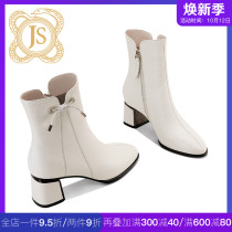 Fashionable and feminine all-leather boots for childrens mid-boots winter New plus velvet thick-heeled round head with coat