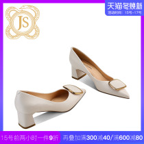 JESSICA SOPHIA foreign fashion beige single shoes womens middle heel pointed soft sheepskin high heels womens rough heel