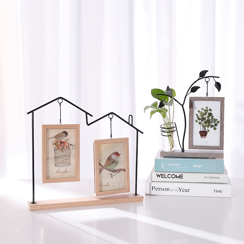 Creative Nordic Style 6 7inch Iron Art Green Plant Photo Frame Stand Set, Double-Sided Photo Frame for Living Room Hydroponic Display