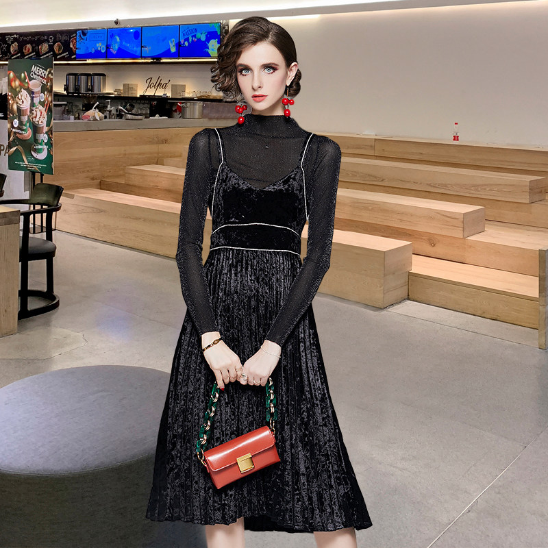 SANDRO SELEN autumn and winter velvet dress high waist black vintage mesh bottom HOLDING baby BAG SKIRT two-piece set