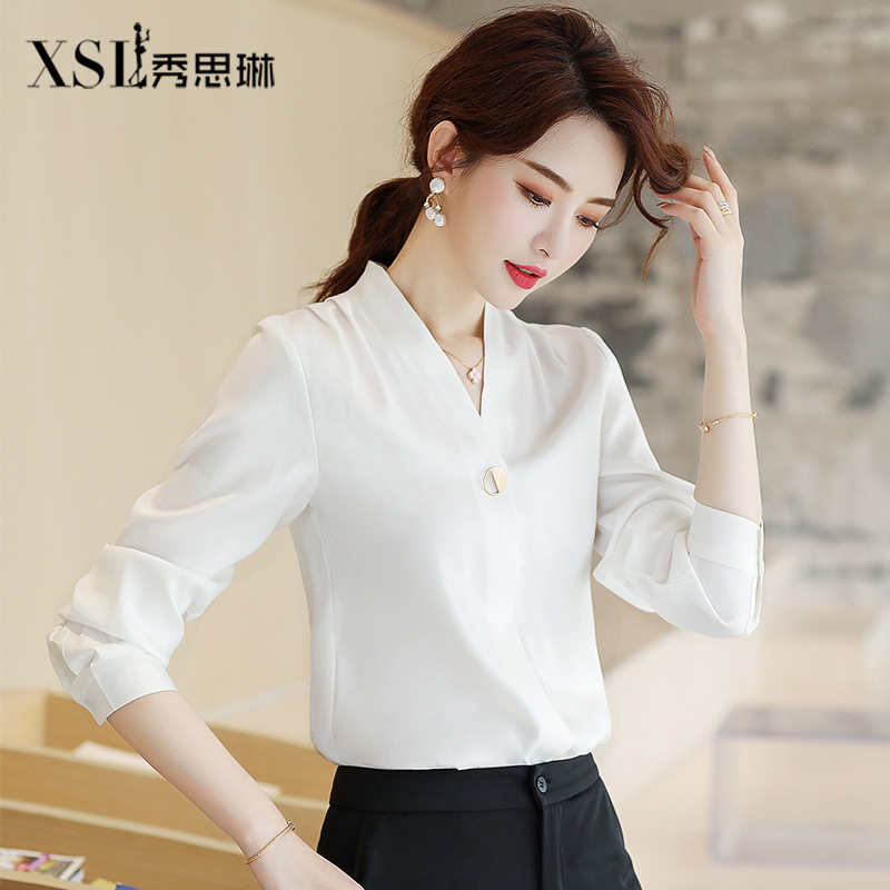 White Shirt Woman Professional Dress 2021 Fall New Fashion V Collar Blouse Temperament Fashion 100 Hitch Cashmere Shirt Woman