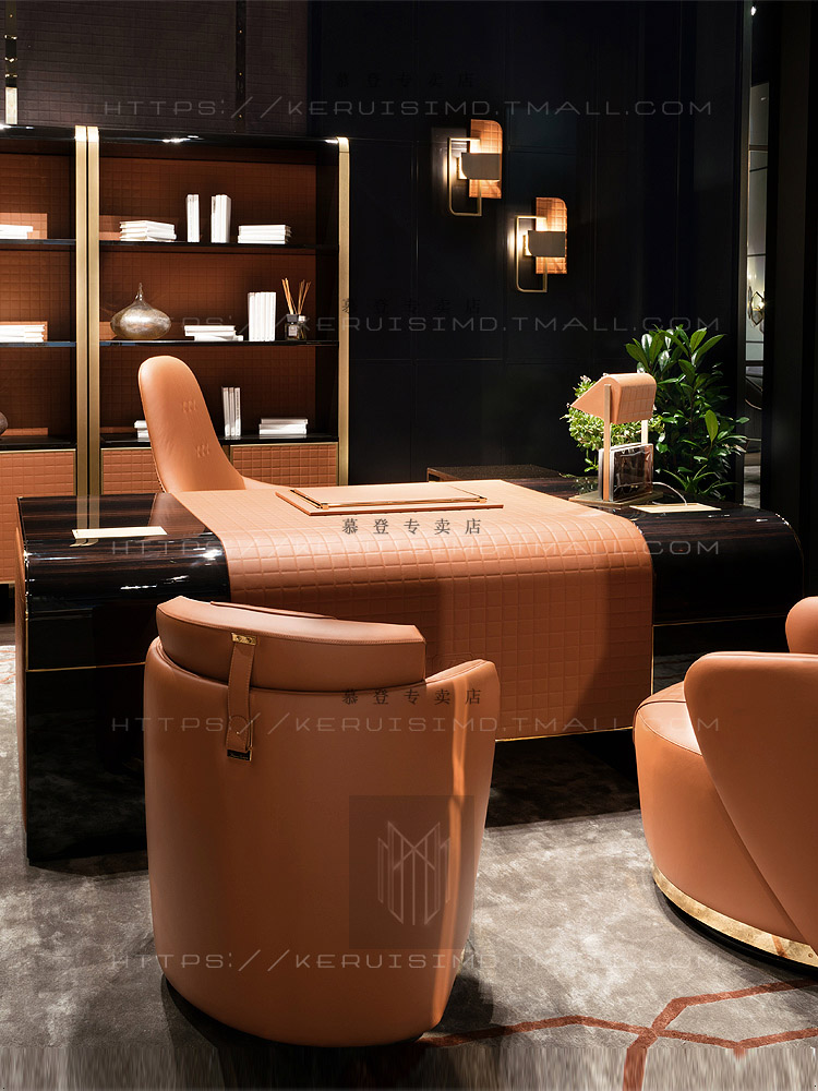 Italian boss table Hermès orange desk chair light luxury leather L-shaped desk modern minimalist president table