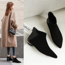 Short boots womens autumn and winter new Korean version flat all-match ankle boots leather single boots frosted pointed toe and nude boots womens boots