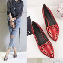 Flat shoes womens 2022 spring new leather red single shoes flat with rivets womens shoes pointed toe shallow mouth four seasons scoop shoes
