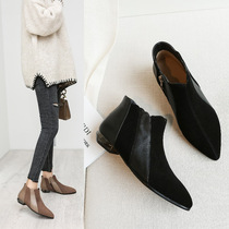 Flat ankle boots womens spring and autumn new leather Korean version pointed toe flat heels and ankle boots plus velvet nude boots Martin boots womens boots