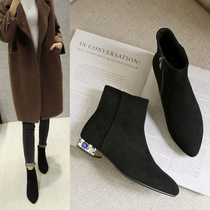 Short boots womens autumn and winter leather flat Martin boots rhinestones and ankle boots pointed toe single boots retro flat heel nude boots womens boots