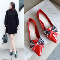 Single shoes womens spring and autumn new pointed toe flat shoes black four seasons scoop shoes bow red wedding shoes small leather shoes