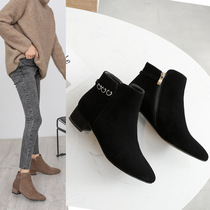 Autumn and winter new leather pointed toe chunky heel flat ankle boots nubuck leather chunky heel plus velvet nude boots flat heel and ankle boots