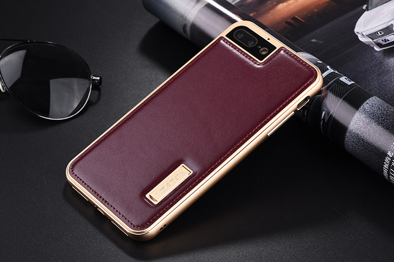iMatch Luxury Aluminum Metal Bumper Premium Genuine Leather Back Cover Case for Apple iPhone 7 Plus & iPhone 7