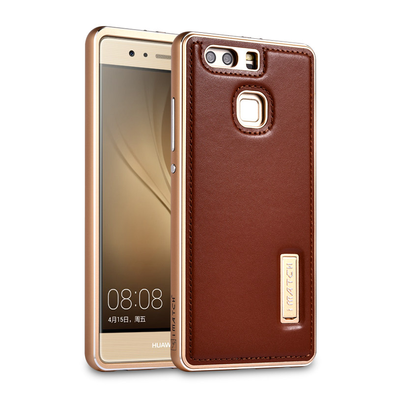 iMatch Luxury Aluminum Metal Bumper Premium Genuine Leather Back Cover Case for Huawei P9 Plus & Huawei P9