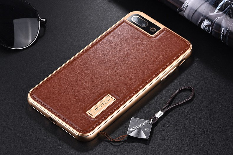 iMatch Luxury Aluminum Metal Bumper Premium Genuine Leather Back Cover Case for Apple iPhone 7 Plus & iPhone 7